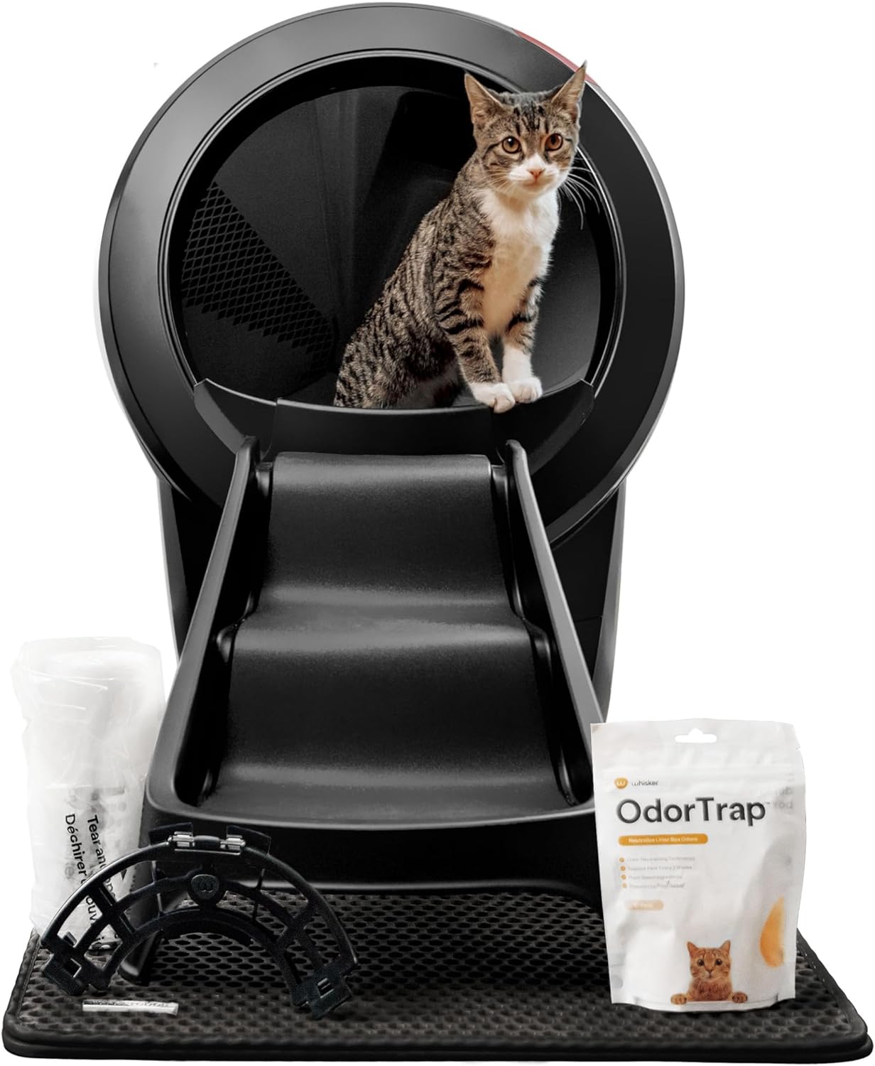 Litter-Robot 4 Bundle by Whisker, Black - Automatic, Self-Cleaning Cat Litter Box, Includes Litter-Robot 4, 6 OdorTrap Pack Refills, 50 Waste Drawer Liners, Ramp, Mat & Fence