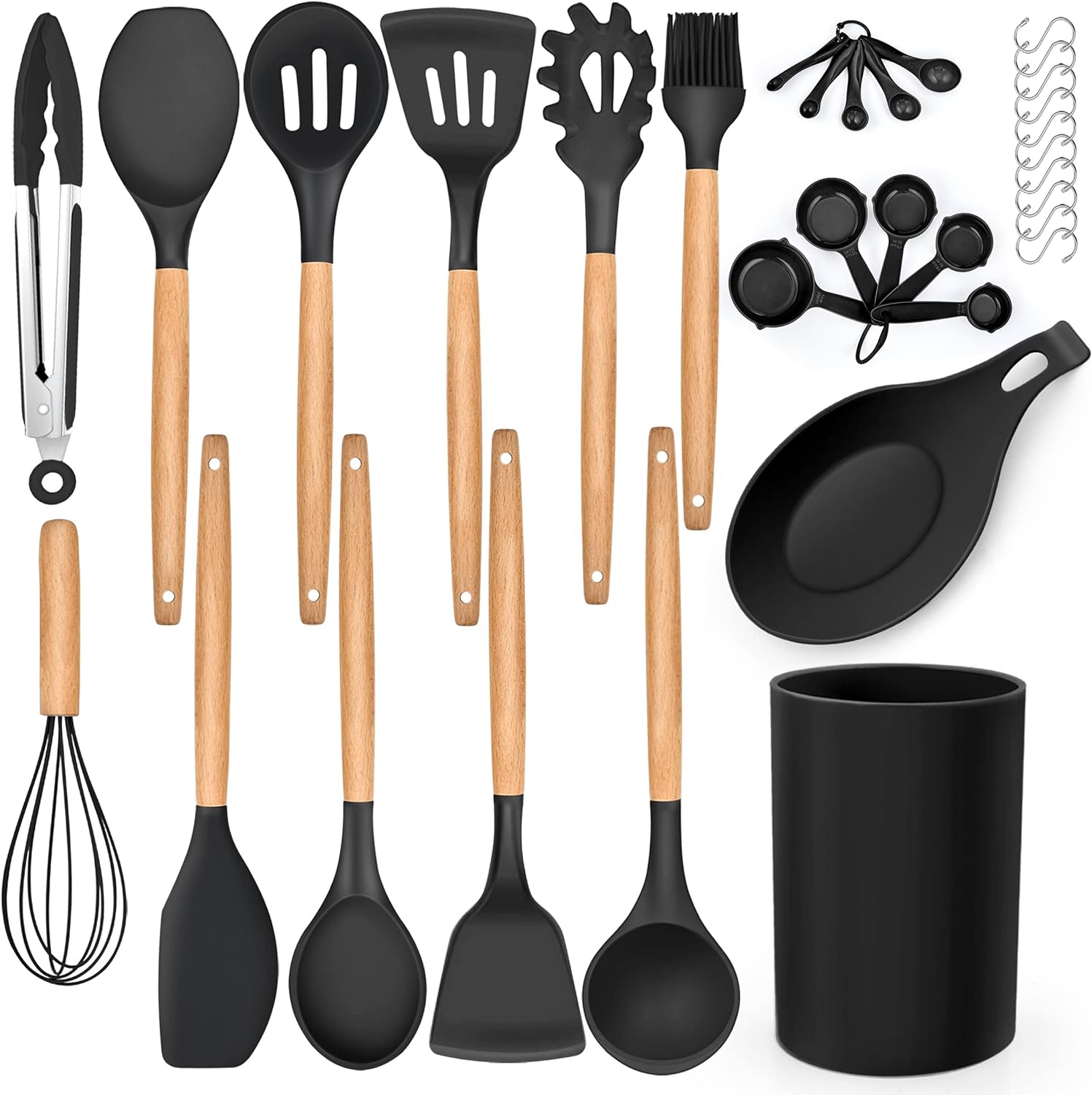 LIANYU 33-Piece Silicone Kitchen Cooking Utensils Set with Holder, Wooden Handle Heat Resistant Cookware Utensils Set, Non-Stick Kitchen Tools for Baking Cooking, Black