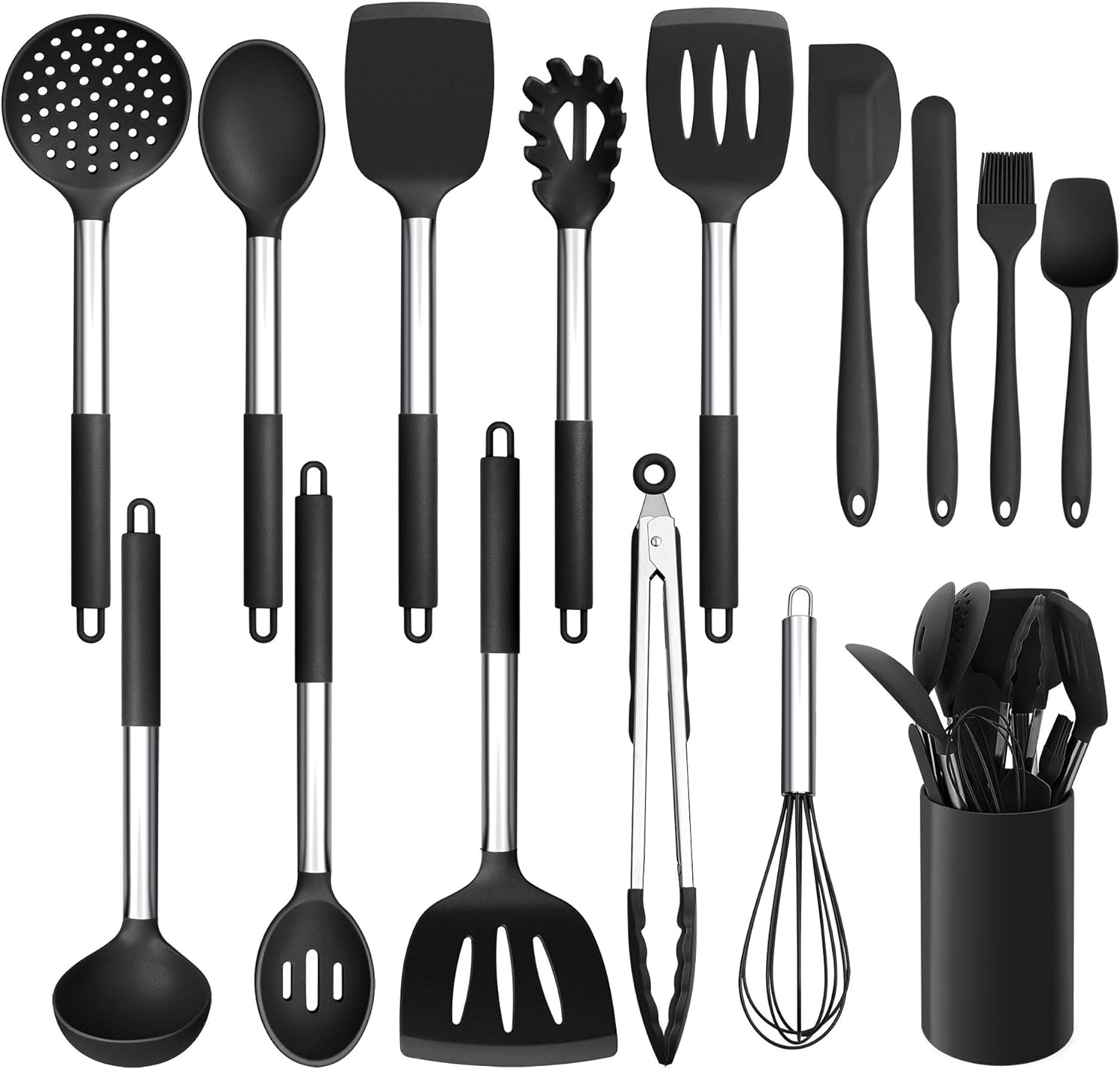 LIANYU 15-Piece Kitchen Cooking Utensils Set with Holder, Silicone Kitchen Tools Stainless Steel Handle, Slotted Spatula Spoon Turner Tong Whisk Brush for Cooking, Black