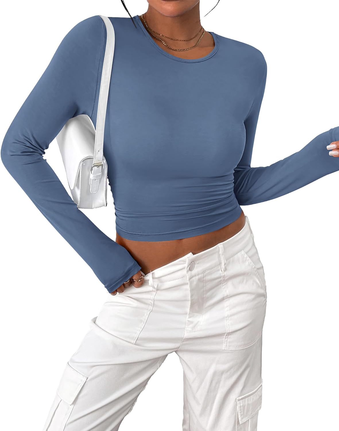 BTFBM Women' Long Sleeve Shirts 2024 Summer Fall Ruched Crew Neck Activewear Y2K Tight Slim Fit Casual Basic Crop Tops