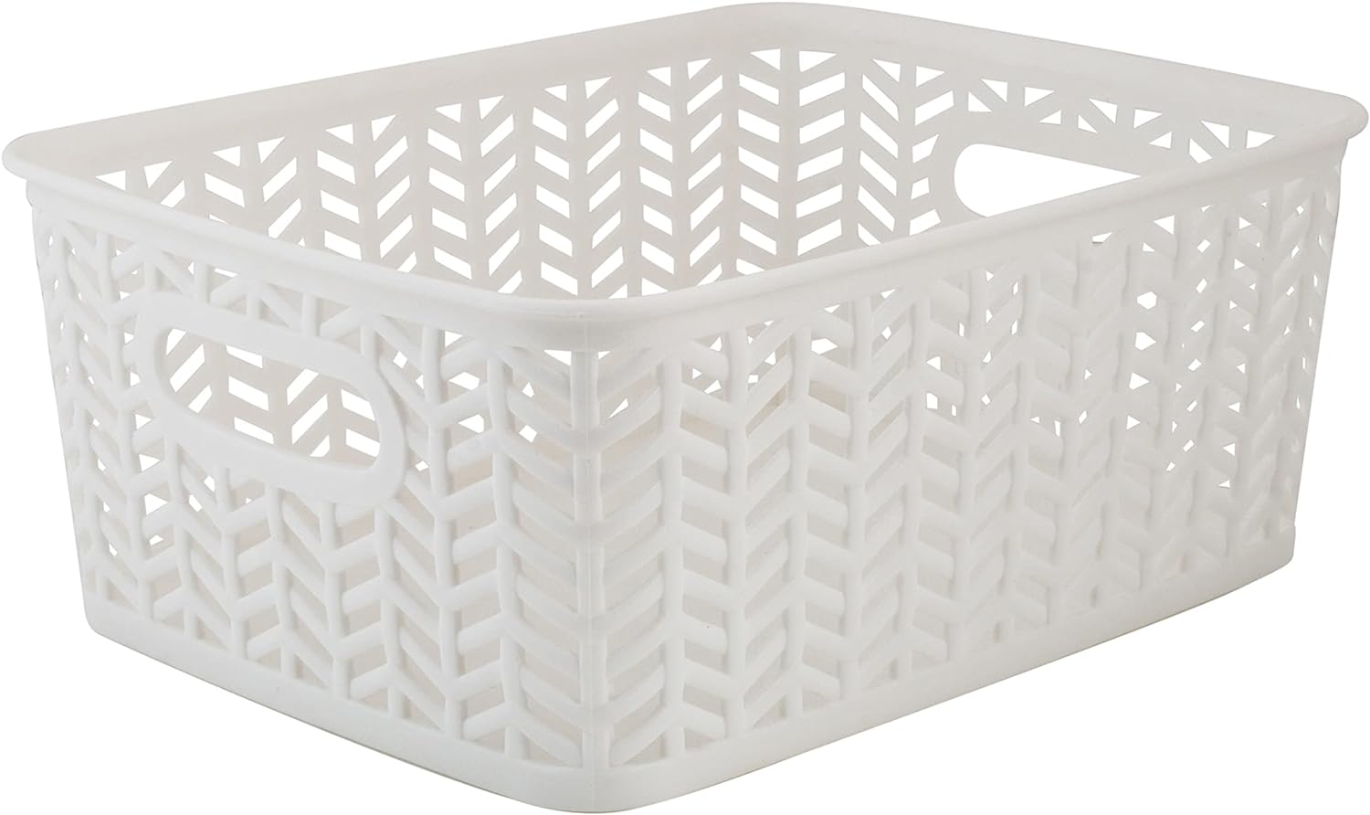 Simplify Small Herringbone Bin Storage Tote Basket Organizer Decorative, Good for Closets, Countertops, Desks, Dressers, Accessories, Cleaning Products, Sports Equipment, Toys, White