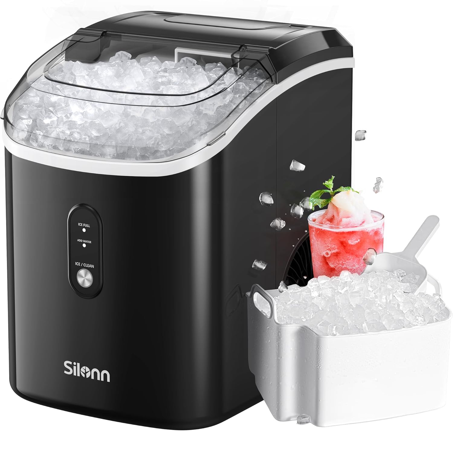 Nugget Ice Maker Countertop, Silonn Chewable Pellet Ice Machine with Self-Cleaning Function, 33lbs/24H, Portable Ice Makers for Home, Kitchen, Office, Black