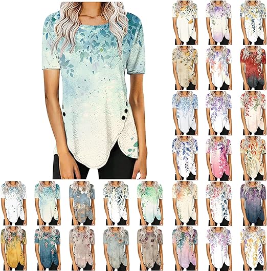 DASAYO Womens Tops and Blouses Summer Casual Crewneck Short Sleeve Tunics Plus Size Loose Fitting Floral Shirts Trendy