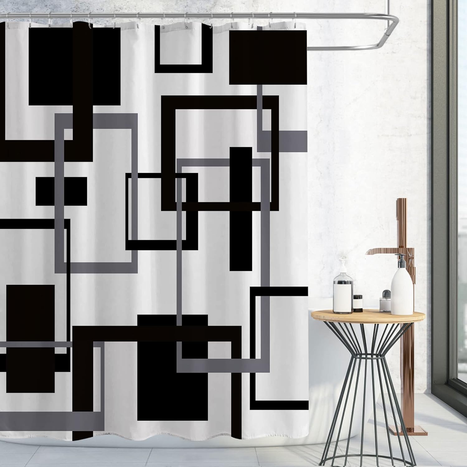 Gibelle Extra Long Shower Curtain 72 x 84, Tall Grey Black and White Shower Curtain for Bathroom, Mid Century Modern Abstract Geometric Waterproof Fabric Shower Curtain Set with Hooks