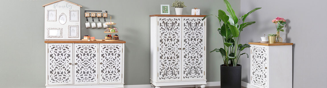 MFSTUDIO Accent Wood Storage Cabinet, Large Farmhouse Hollow-Carved Buffet Sideboard with 3 Doors Decorative Storage Cabinets for Living Room Kitchen Entryway Hallway, White