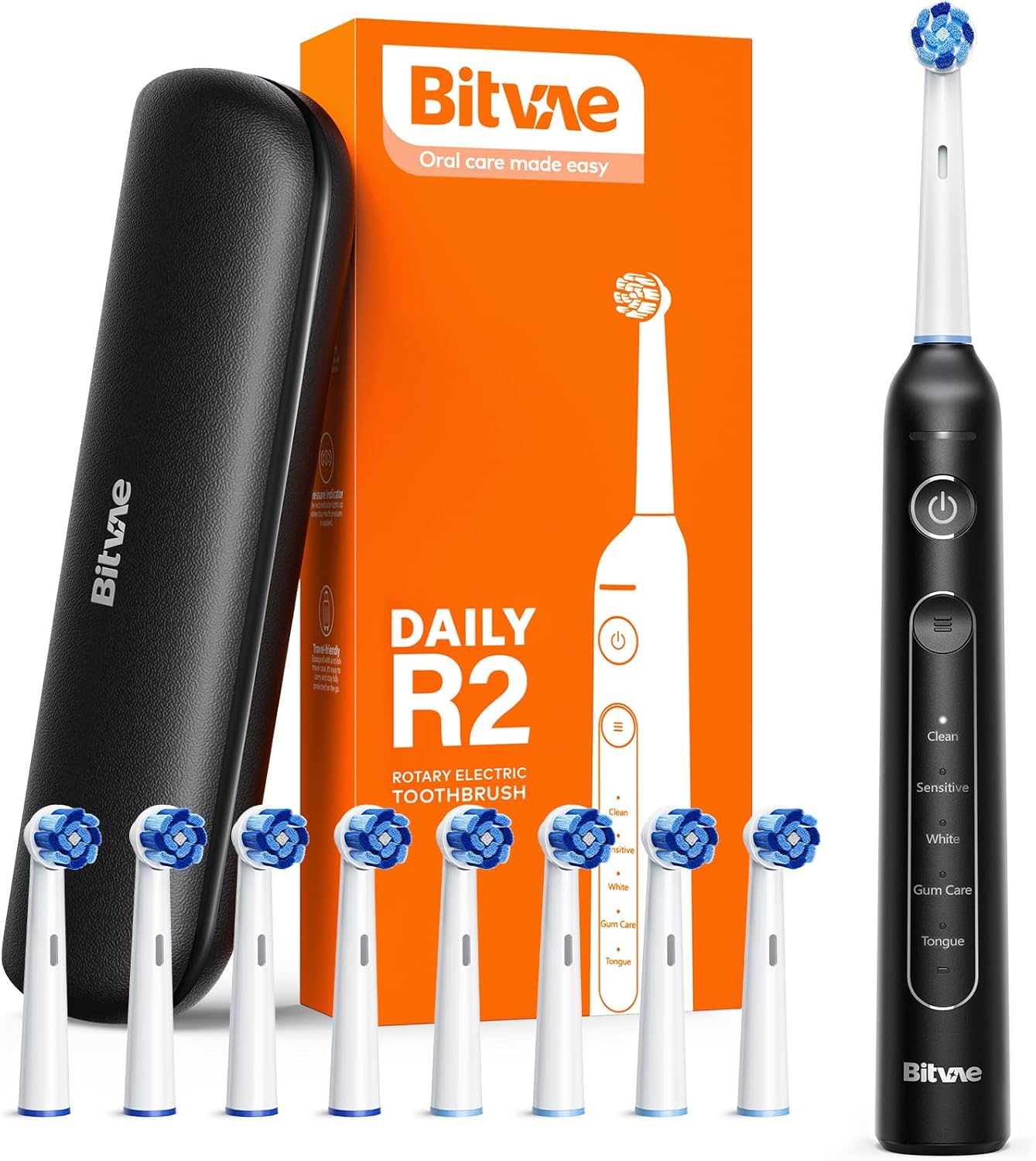 Bitvae R2 Rotating Electric Toothbrush for Adults with 8 Brush Heads, Travel Case, 5 Modes Rechargeable Power Toothbrush with Pressure Sensor, 3 Hours Fast Charge for 30 Days, Black