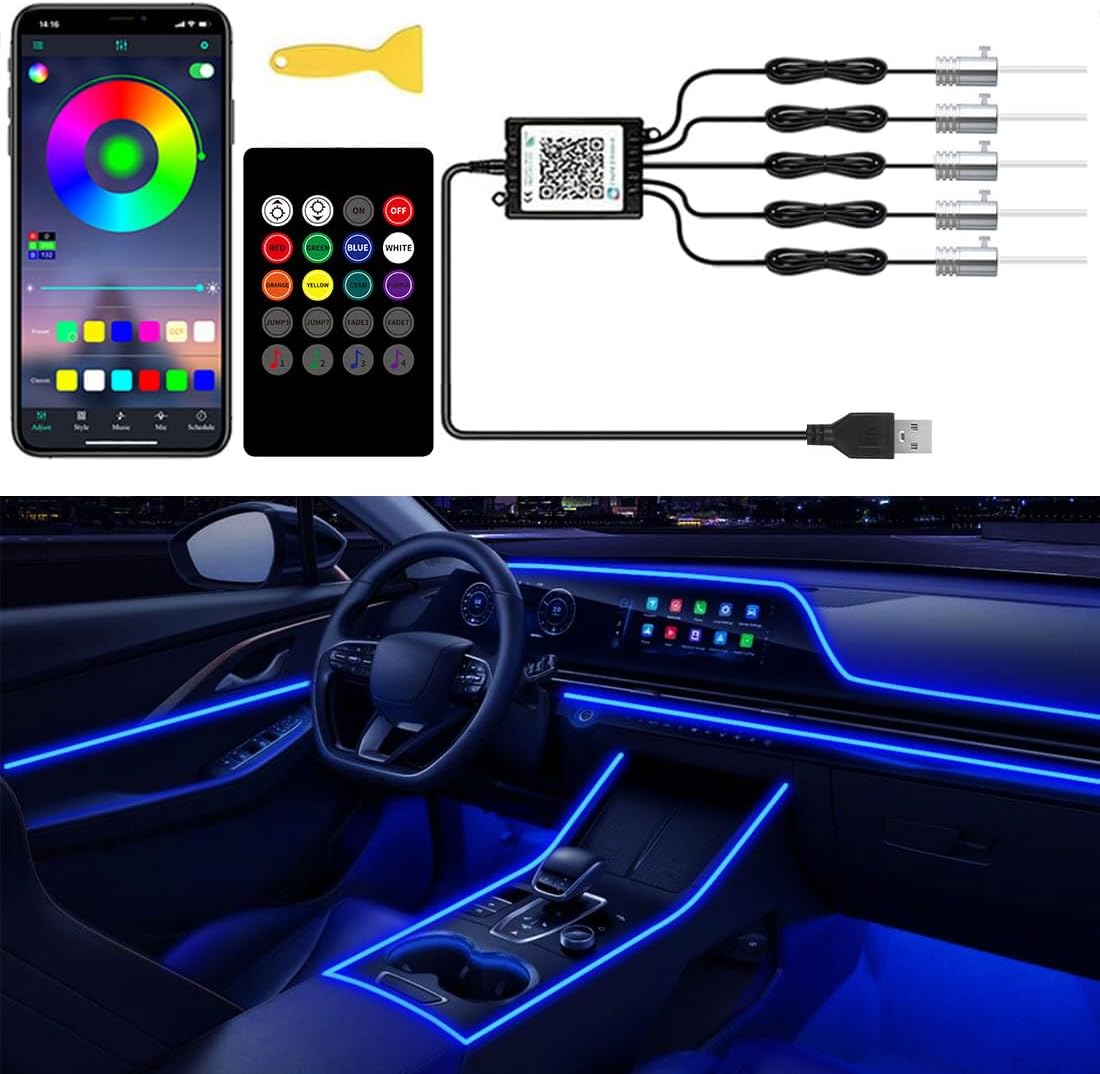 Interior Car Lights with Wireless APP and Remote Control, 5 in 1 RGB Ambient Lighting Kit with 236 inches Fiber Optic, 16 Million Colors Car Neon Light Strip with Music Mode