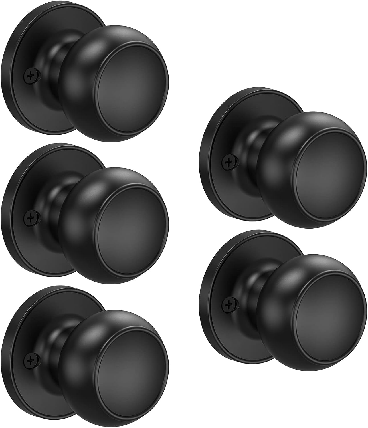 TICONN Round Door Knobs, Ball Door Knob with Dead Bolt, Door Handle Lock for Indoor Doors (5-Pack, Dummy - Front Mount, Matte Black)