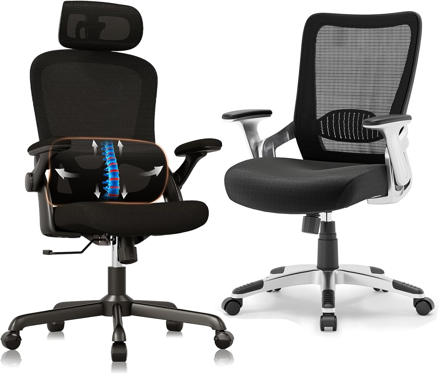 (Model 23YS02 and SW921 Bundles) Ergonomic Office Chair, Mesh Desk Chair with Adjustable Lumbar Support, Flip-Up Arms, Swivel Rolling Wheel, Big and Tall Comfy Wide Work Task Computer Gaming Chairs