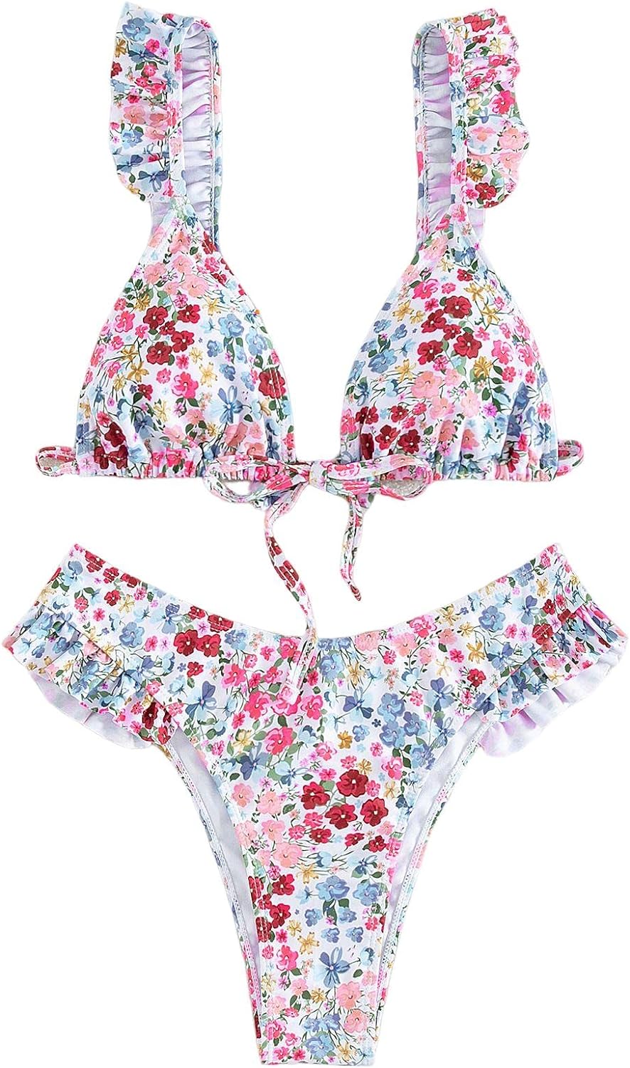 WDIRARA Women' Floral Print Tie Front Frill Trim Triangle Bikini Swimsuit