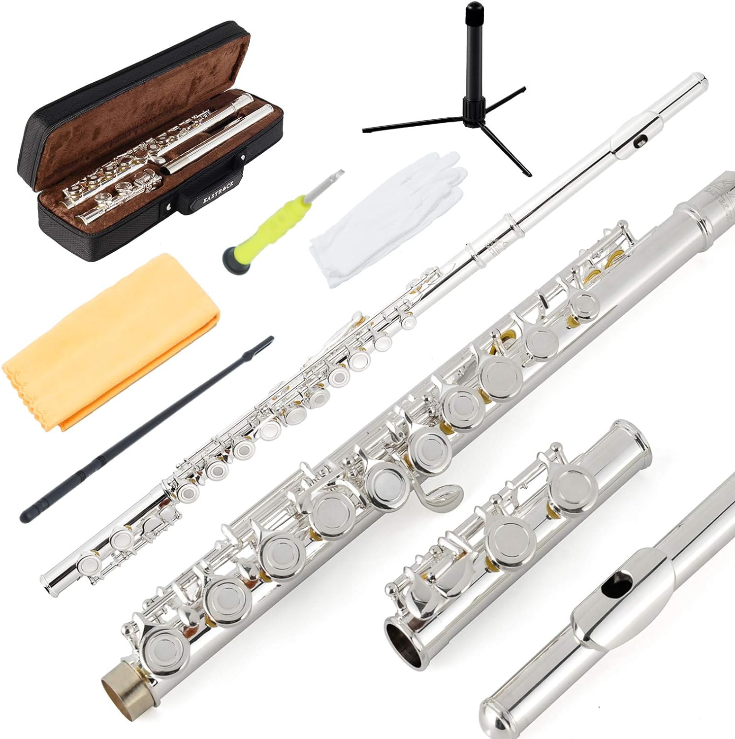 EASTROCK Open/Closed Hole Flutes C 16 Keys Silver Plated Flute Instrument for Beginner Kids Student with Carrying Case,Stand,Cleaning kit,Gloves,Tuning Rod(Open/Closed Hole,Silver Plated)