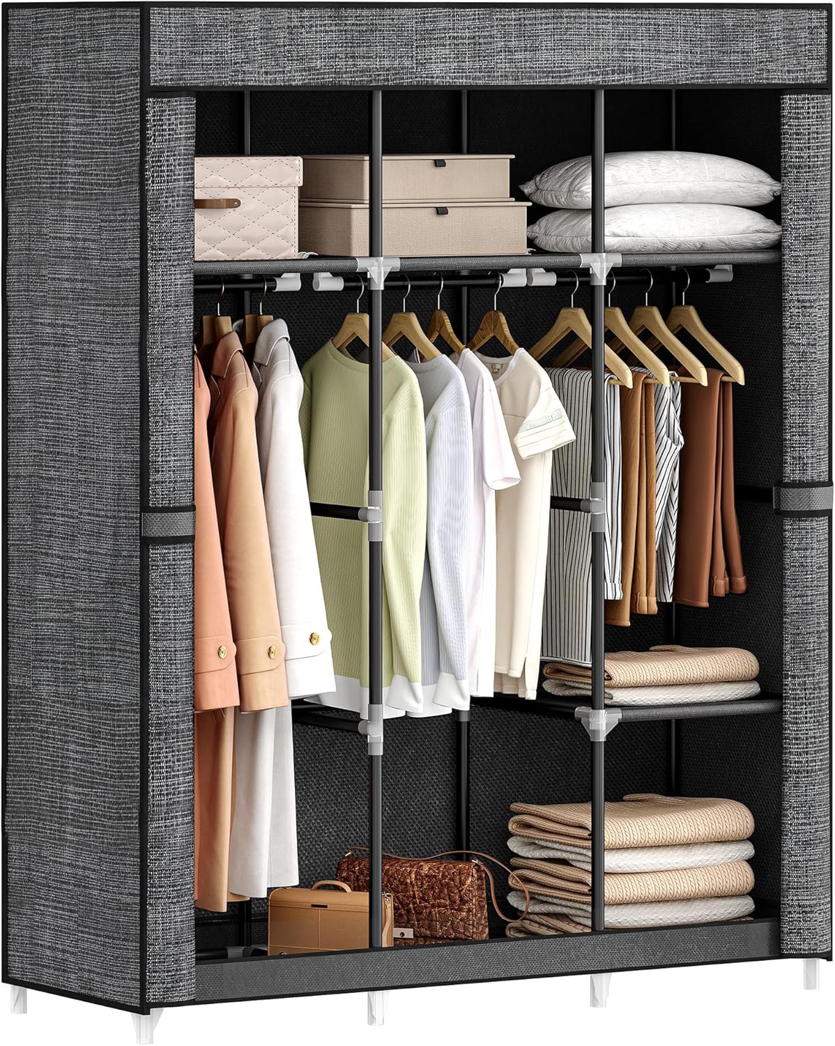 47 Inch Portable Wardrobe Closet, Clothes Storage Organiser, Portable Storage Wardrobe with Zipper, Fabric Cover, 3 Hanging Rods, 7 Storage Shelves, 47.2  15.7  66 Inches, Starry Black WC37499BC