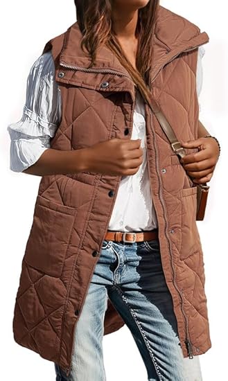 Dokotoo Women' Casual Winter Long Puffer Vest Stand Collar Sleeveless Puffy Jackets Coat with Pockets