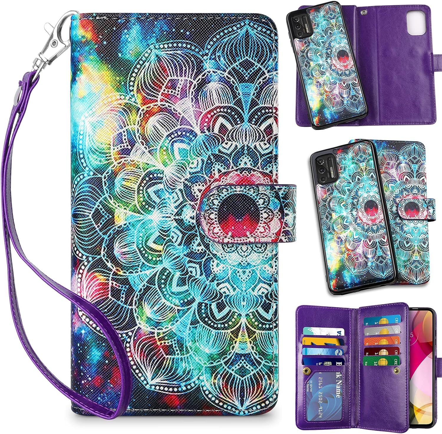 Vofolen 2-in-1 Case for Moto G Stylus 2021 Case Wallet Credit Card Holder Slot Detachable Strap for Women Girl Hybrid Protective Slim Hard Shell Magnetic Leather Folio Pocket Flip Cover Mandala 4G