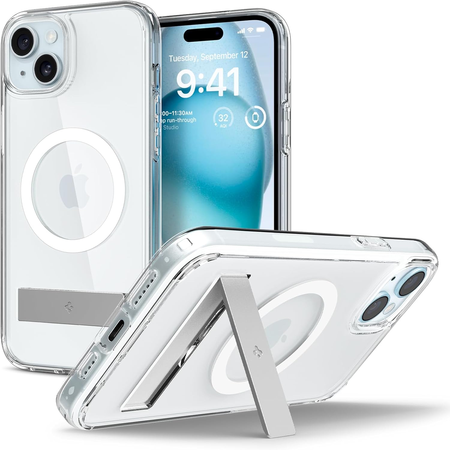 Spigen Ultra Hybrid S MagFit Designed for iPhone 15 Case (2023) [Kickstand] [Amti Yellowing], Compatible with MagSafe - Crystal Clear