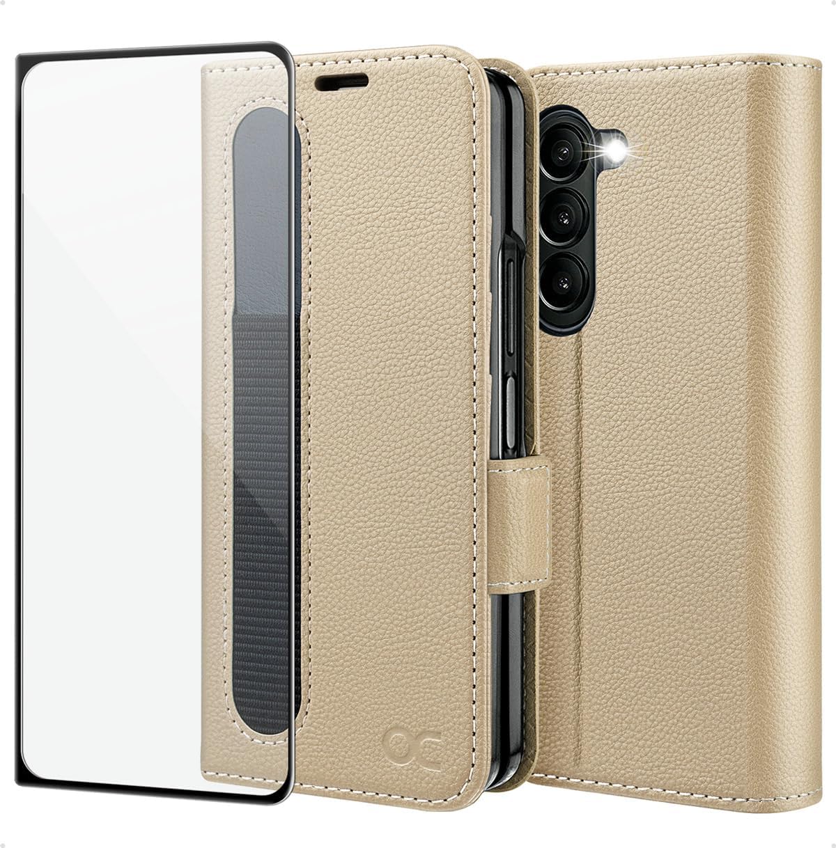 OCASE for Samsung Galaxy Z Fold 5 5G Wallet Case with S Pen Holder, [Updated Version] PU Leather Flip Folio, Card Slots, RFID Blocking, Kickstand, Phone Cover for Galaxy Z Fold5 - Litchi Apricot