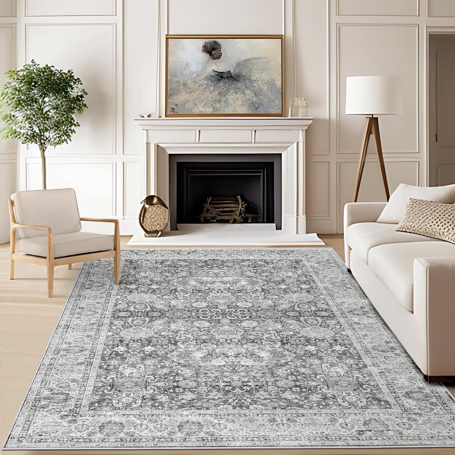 Deerly Grey Rug 6x9 Rugs for Living Room Distressed, Washable Area Rugs Non Slip Large Rug for Bedroom Dining Room Office, Floor Decoration Big Rug Mat Low-Pile(Grey)