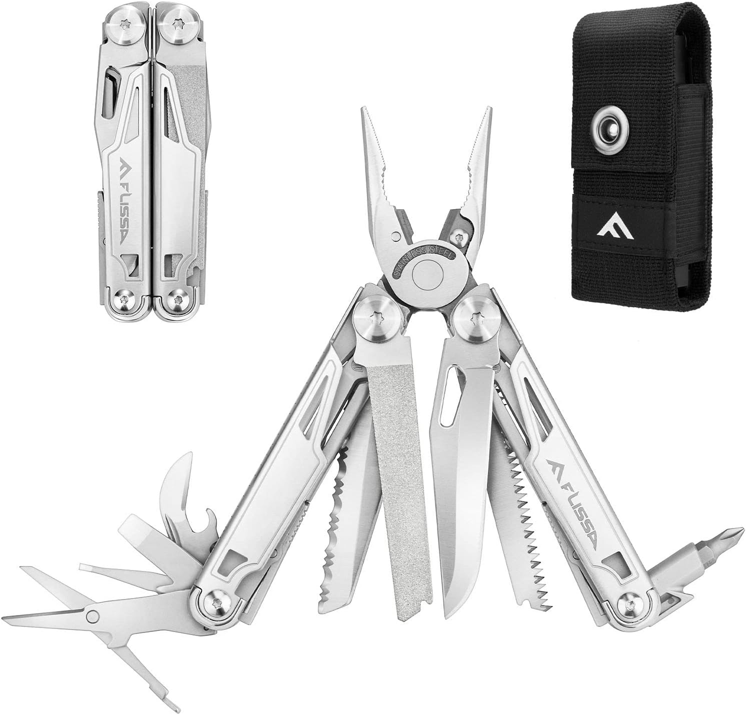 Flissa Multitool, 16-in-1 Multitools with Sheath, Stainless Steel EDC Multitool, Pocket Knife, Bottle Opener, Screwdriver, Pocket Multi-Tool for Camping, Handwork, Hunting, Hiking, Fishing