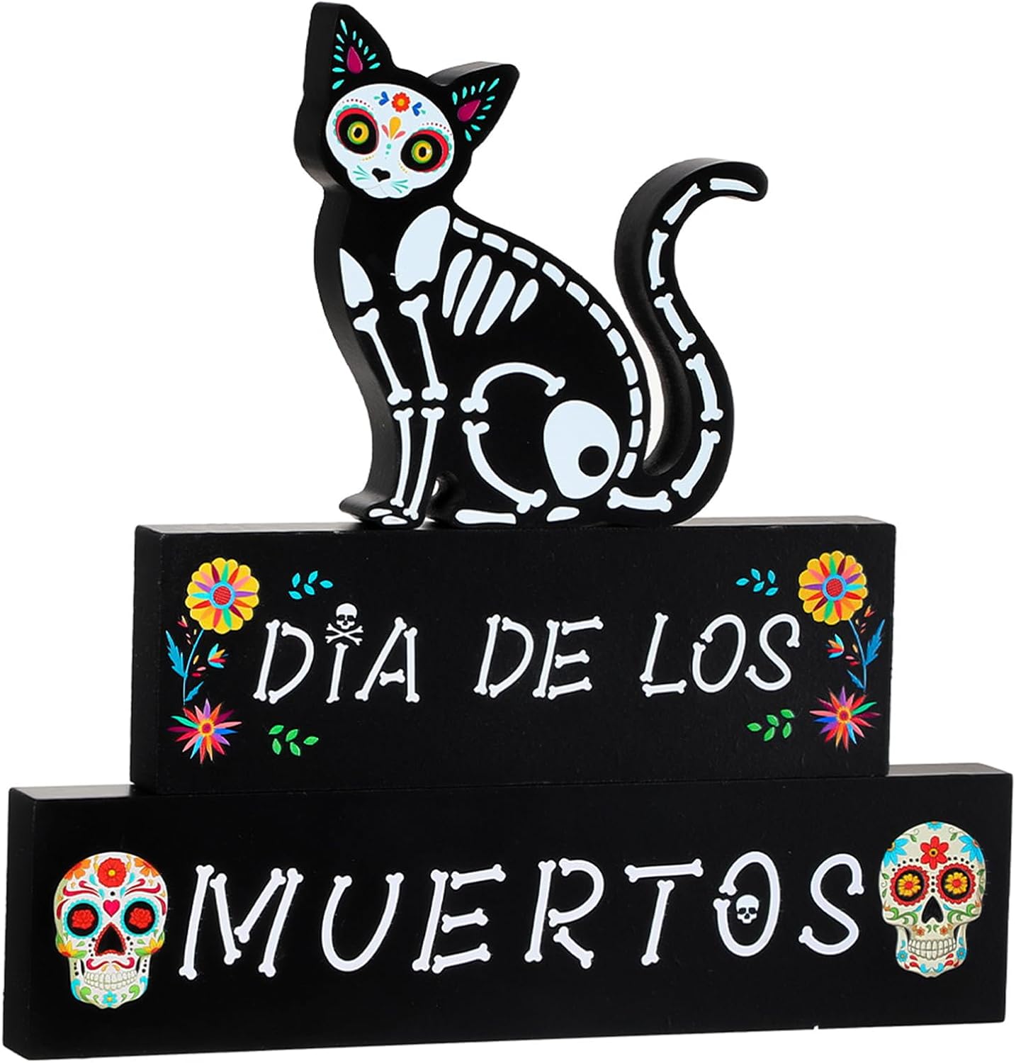 3 Pieces Day of the Dead Decorations Dia De Los Muertos Wooden Block Cat Skull sign Centerpiece for Table Halloween Party wood Centerpieces decor Sugar Skull Signs for Mexican Home