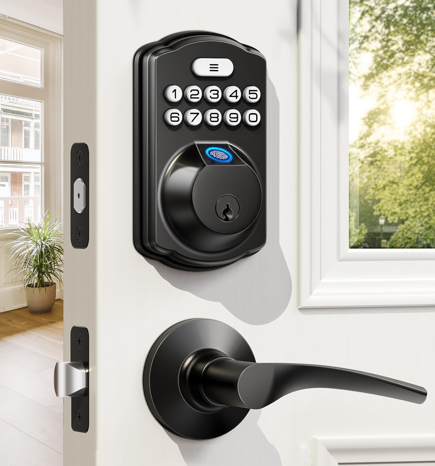 Veise Fingerprint Door Lock with 2 Lever Handles - Keyless Entry Door Lock, Electronic Keypad Deadbolt & Front Door Lock Handle Sets, Auto Lock, Easy Installation, Matte Black