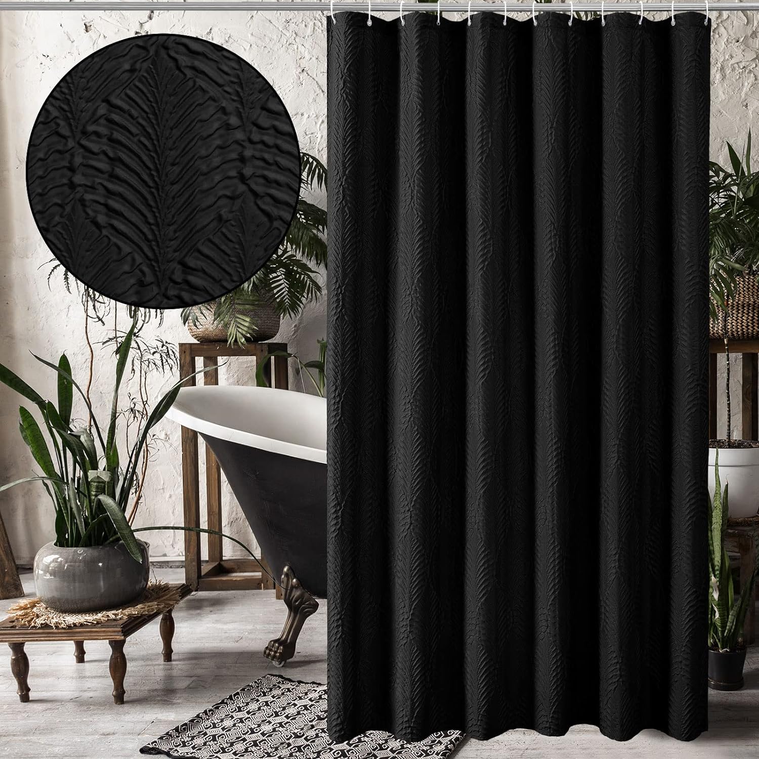 Gibelle Black Shower Curtain for Bathroom, 3D Embossed Textured Fabric Shower Curtain, Modern Farmhouse Chic Soft Cloth Shower Curtain Set with Hooks, 72x72