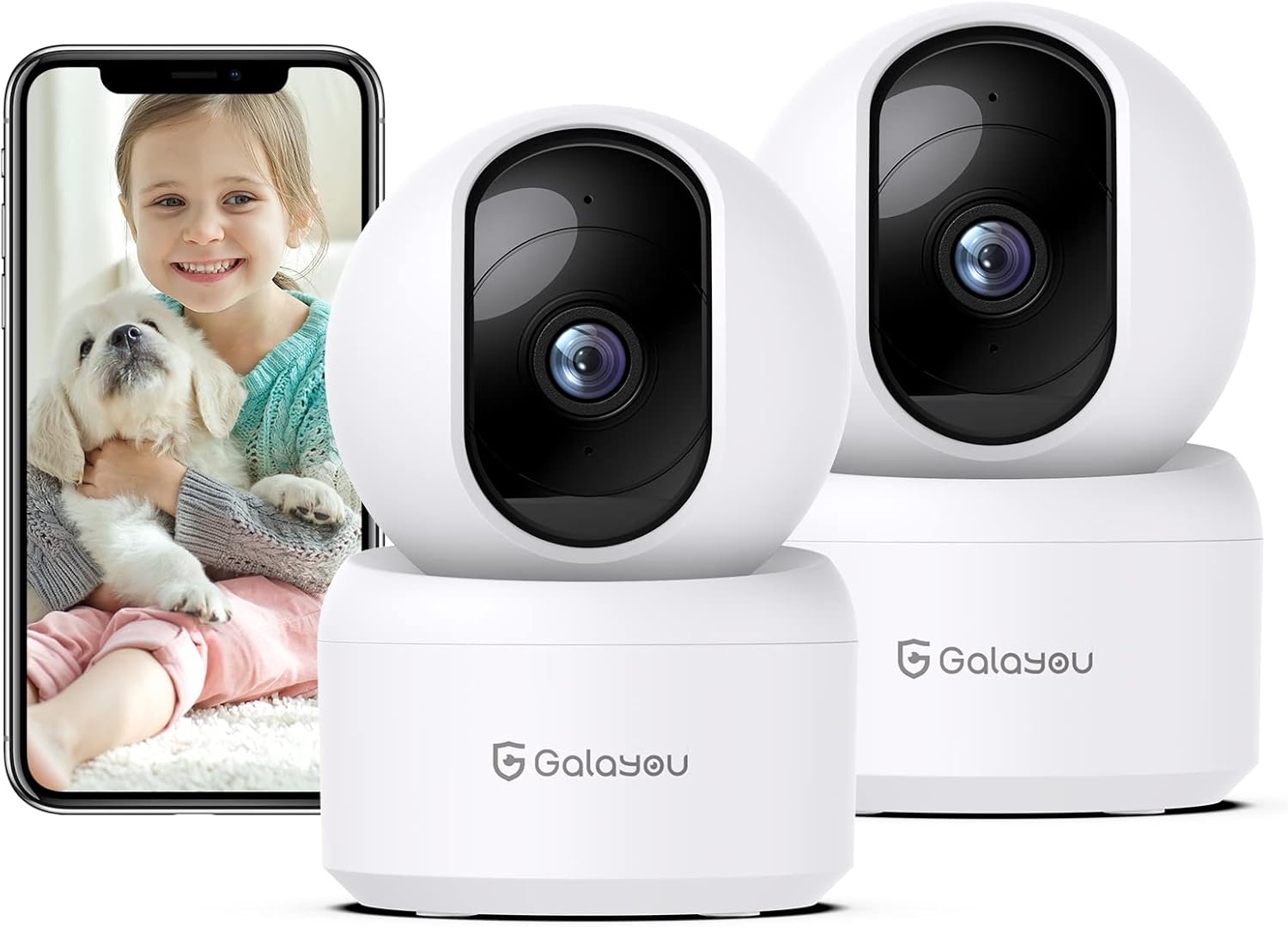 GALAYOU Indoor Security Camera 2K, Pet Camera, 360 Degree WiFi Home Security Camera for Baby/Elder/Nanny with Night Vision, Siren, 24/7 SD Card Storage, Works with Alexa and Google Assistant G2-2Pack