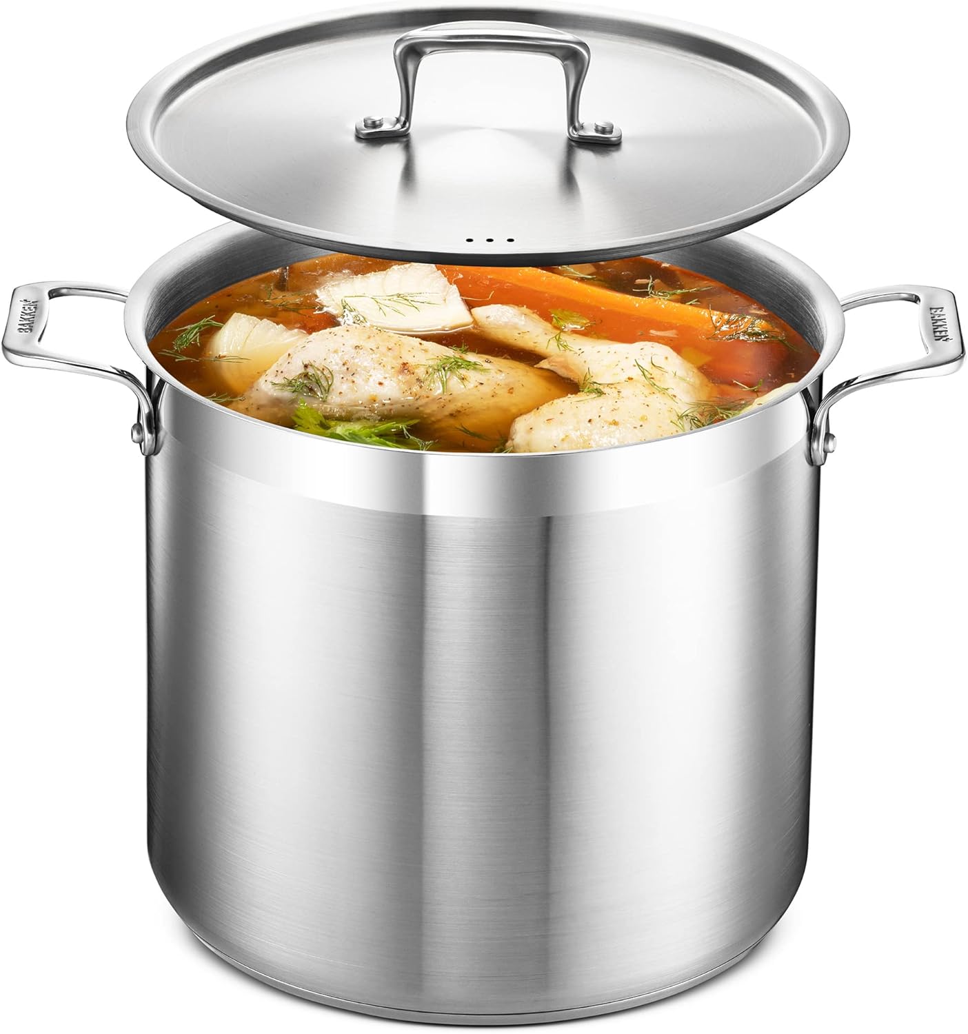 Stockpot  16 Quart  Brushed Stainless Steel  Heavy Duty Induction Pot with Lid and Riveted Handles  For Soup, Seafood, Stock, Canning and for Catering for Large Groups and Events by BAKKEN