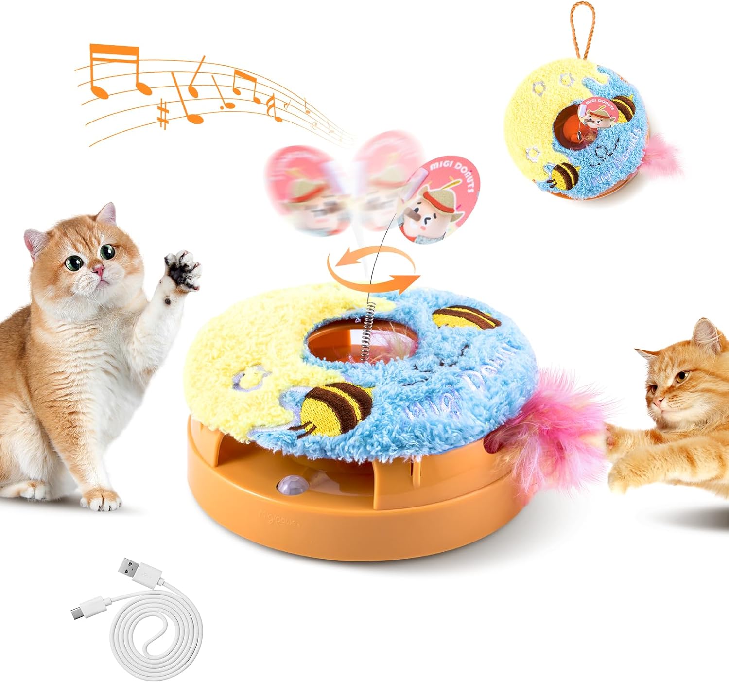 Migipaws Interactive Cat Toys, Automatic Frenzy Donut cat Toy with Moving Feather,Catnip, Squeaking for Indoor Cats Rechargeable (Honey)