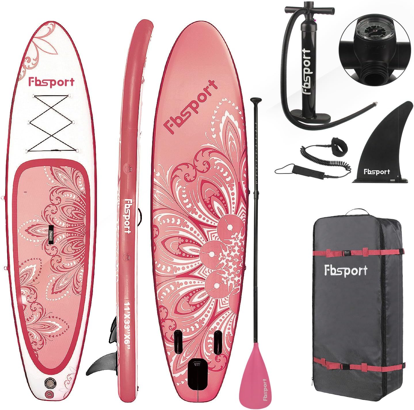 FBSPORT 11' Premium Stand Up Paddle Board, Yoga Board with Durable SUP Accessories & Carry Bag | Wide Stance, Surf Control, Non-Slip Deck, Leash, Paddle and Pump for Youth & Adult