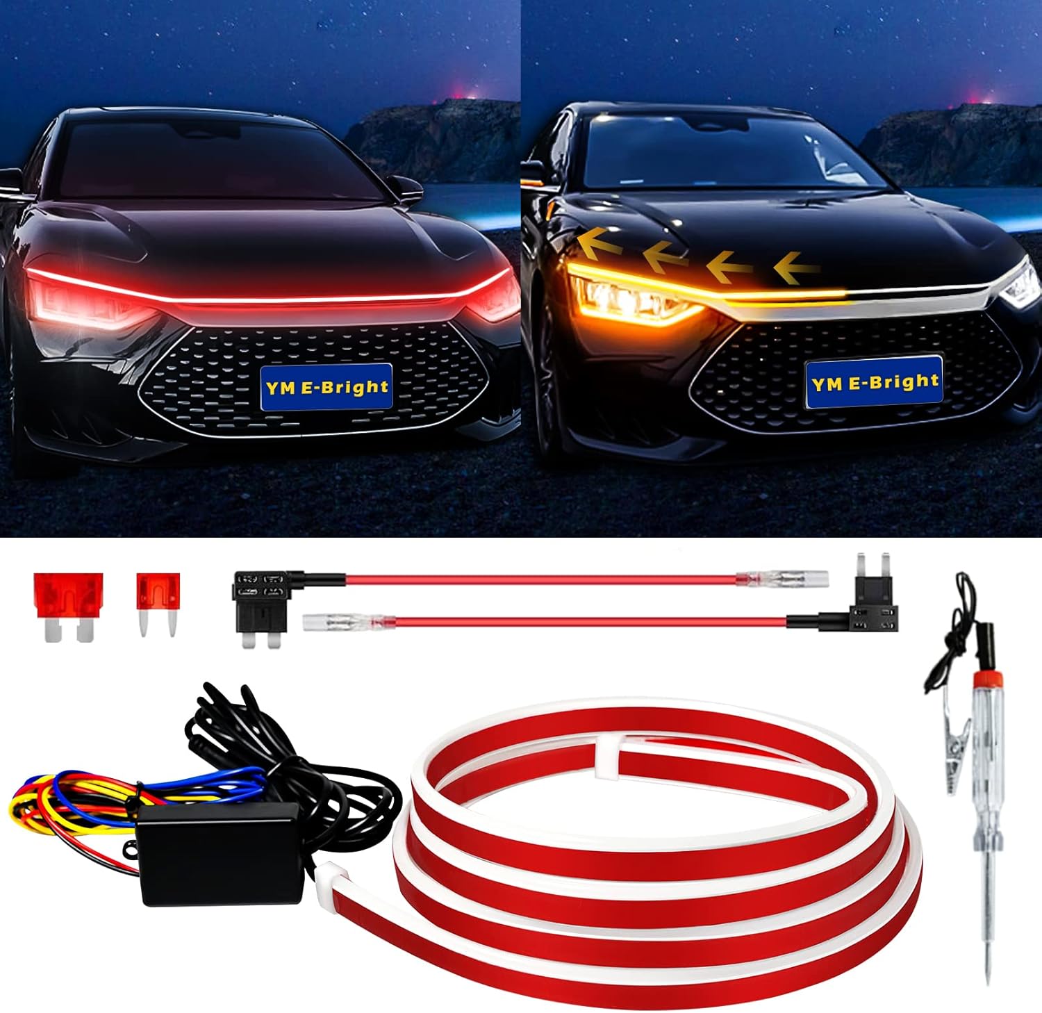 Sequential Turn Signal Led Light Strip Dynamic Scan Start Up Hood Lights Flexible DRL Daytime Running Headlight For Car,Truck,Suv,Dual Color Red Amber Flowing Switchback 12V 47inch /1.2M (1Set)