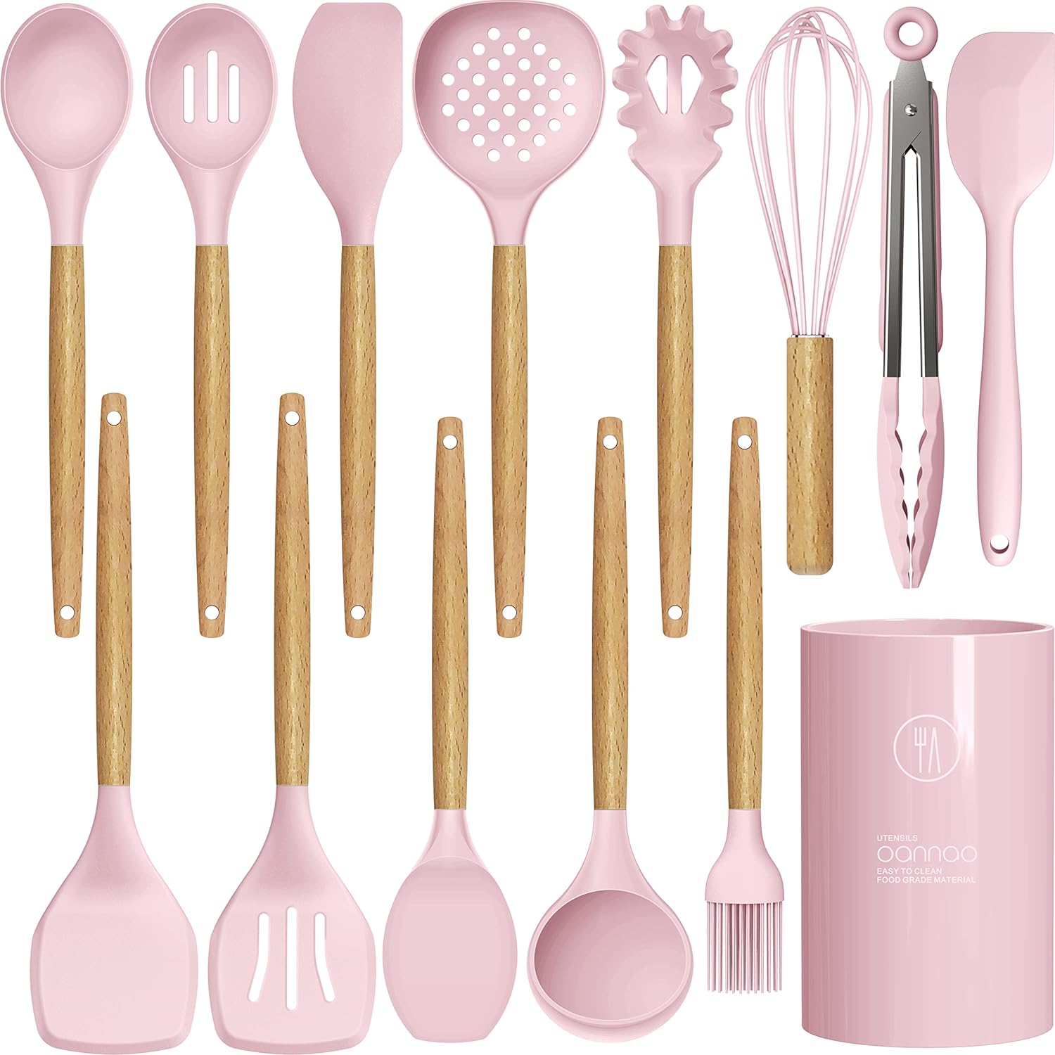 14 Pcs Silicone Cooking Utensils Kitchen Utensil Set - 446F Heat Resistant,Turner Tongs,Spatula,Spoon,Brush,Whisk, Wooden Handles Pink Kitchen Gadgets Tools Set for Nonstick Cookware (BPA Free)