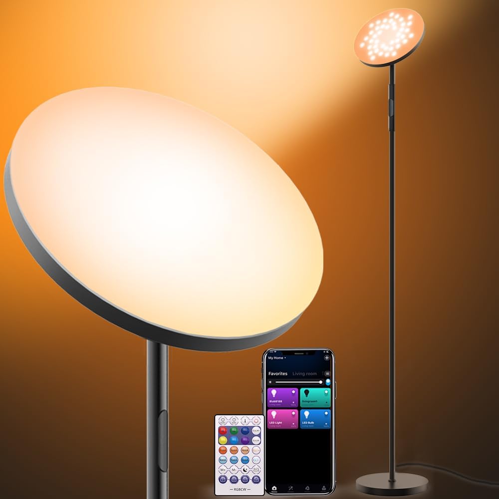 Smart RGB Floor Lamp 24W/2000LM Standing Bright Tall LED Sky Floor Lamp with Remote Dimmable Color Changing Modern Black Pole Touch Control Torchiere Stand Up Lamp Warm for Living Room Bed Room Office