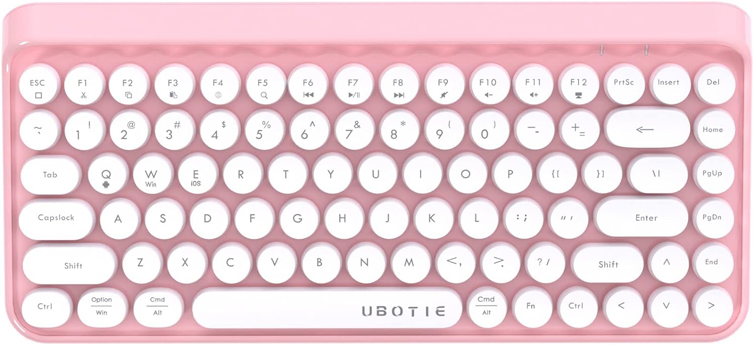 UBOTIE Wireless Bluetooth Keyboard, Portable 84-Key with Cute Retro Round Keycaps, Ergonomic Typewriter Keyboards Compatible with Windows, Android, MAC (Pink-White)