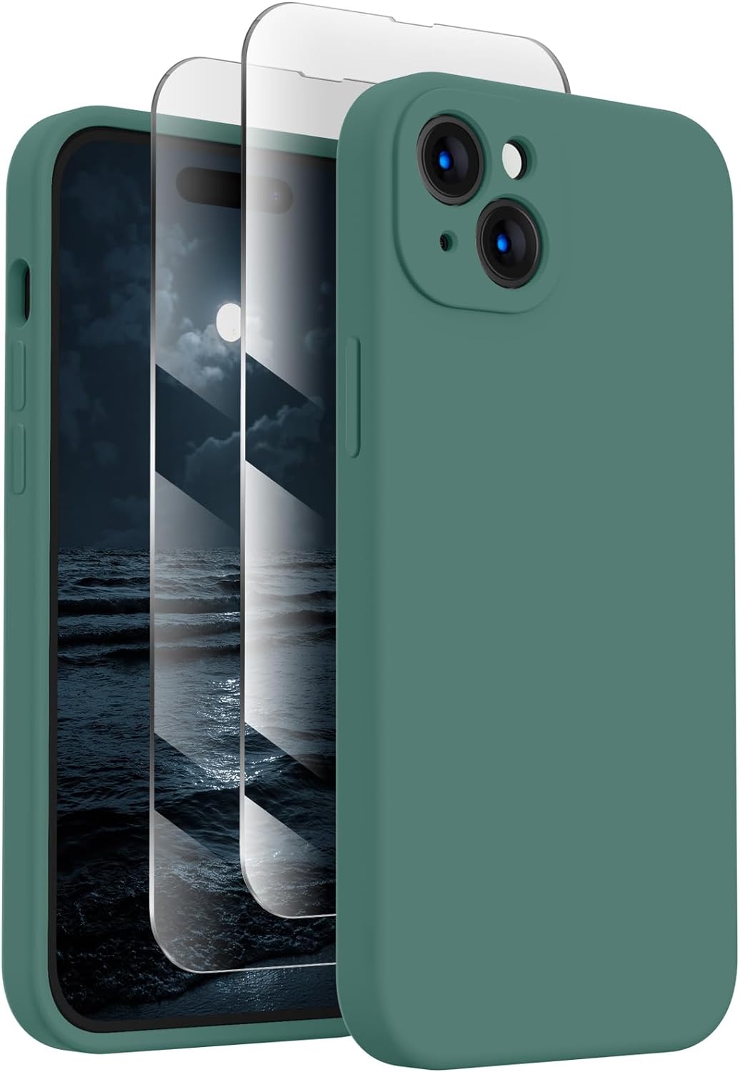 FireNova Designed for iPhone 15 Case, Silicone Upgraded [Camera Protection] Phone Case with [2 Screen Protectors], Soft Anti-Scratch Microfiber Lining Inside, 6.1 inch, Midnight Green