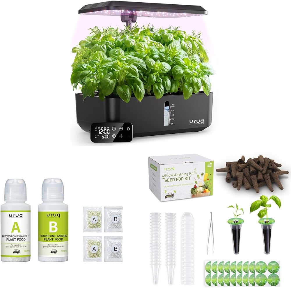 12 Pods Hydroponics Growing System Remote Control Black & 140Pcs Hydroponic Pods Supplies & 600ml Plant Food Nutrients