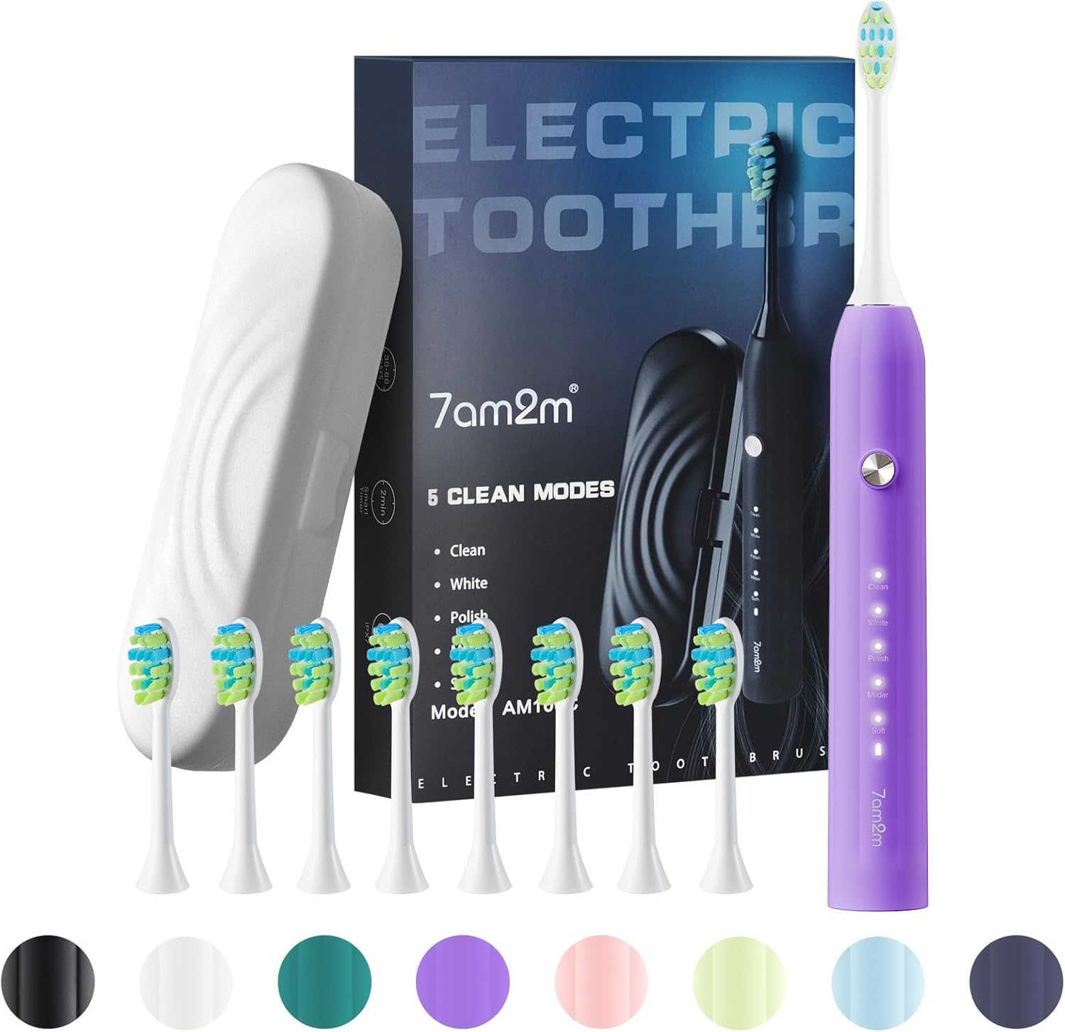 7AM2M Sonic Electric Toothbrush for Adults and Kids, with 8 Brush Heads and Travel Case,5 Modes with 2 Minutes Build in Smart Timer, One Charge Use for 90 Days, Rechargeable Toothbrushes (Purple)