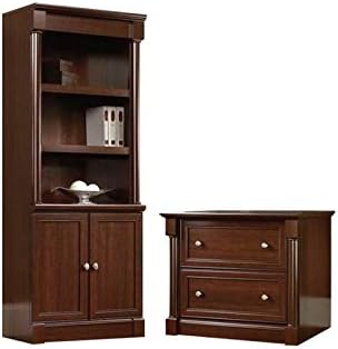 Home Square 2 Piece Home Office Set with 2 Drawer Filing Cabinet and Library Bookcase with Doors in Cherry