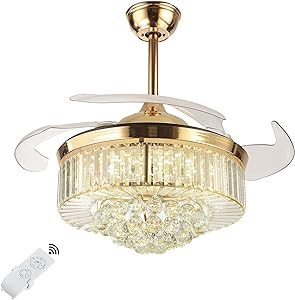Modern 42inch Crystal Ceiling Fans with lights, Invisible Fan Chandelier 4 Retractable Blades Crystal Celing Fan Lamp with Remote Control LED 3 Light Colors Adjustable Indoor Lighting Fixture (Gold)
