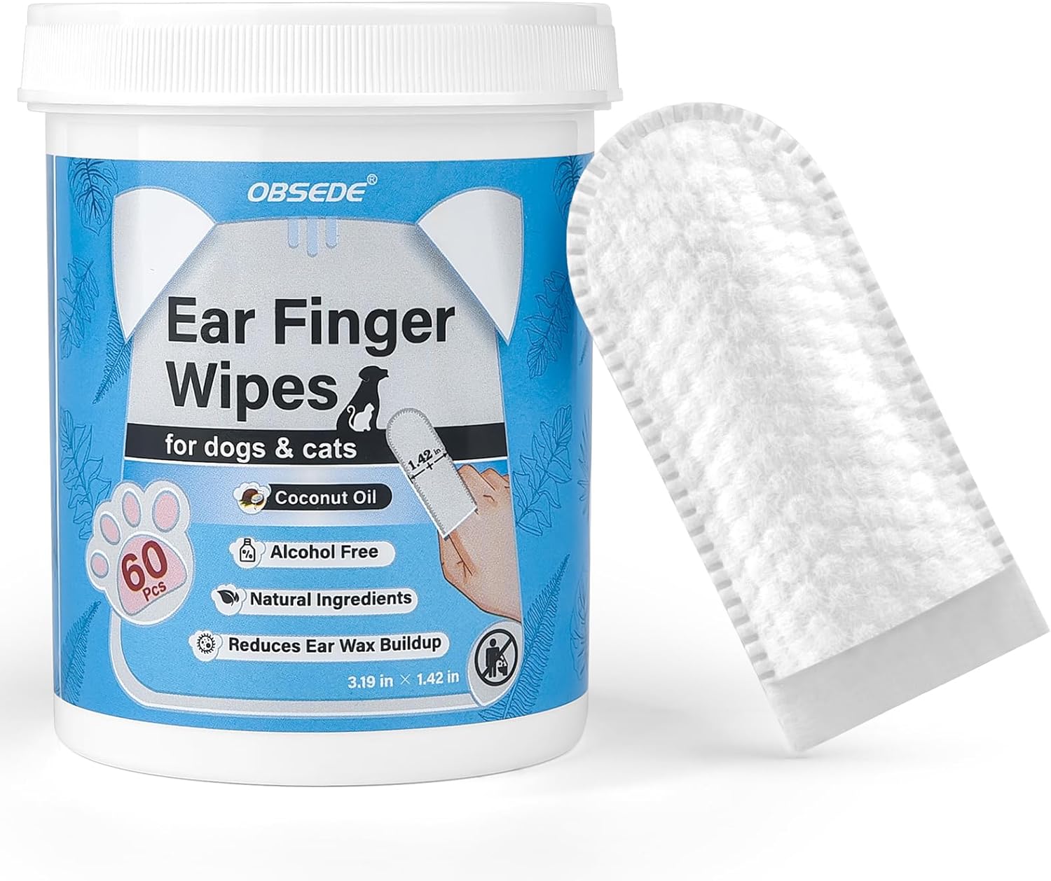 OBSEDE Ear Cleaner Finger Wipes, Grooming Kit Care for Dogs and Cats Regular Soothing Odor Control Reduce Dirt Wax Build Up Pet Supplies Easy to Use Fresh Coconut Scent, 60 Count