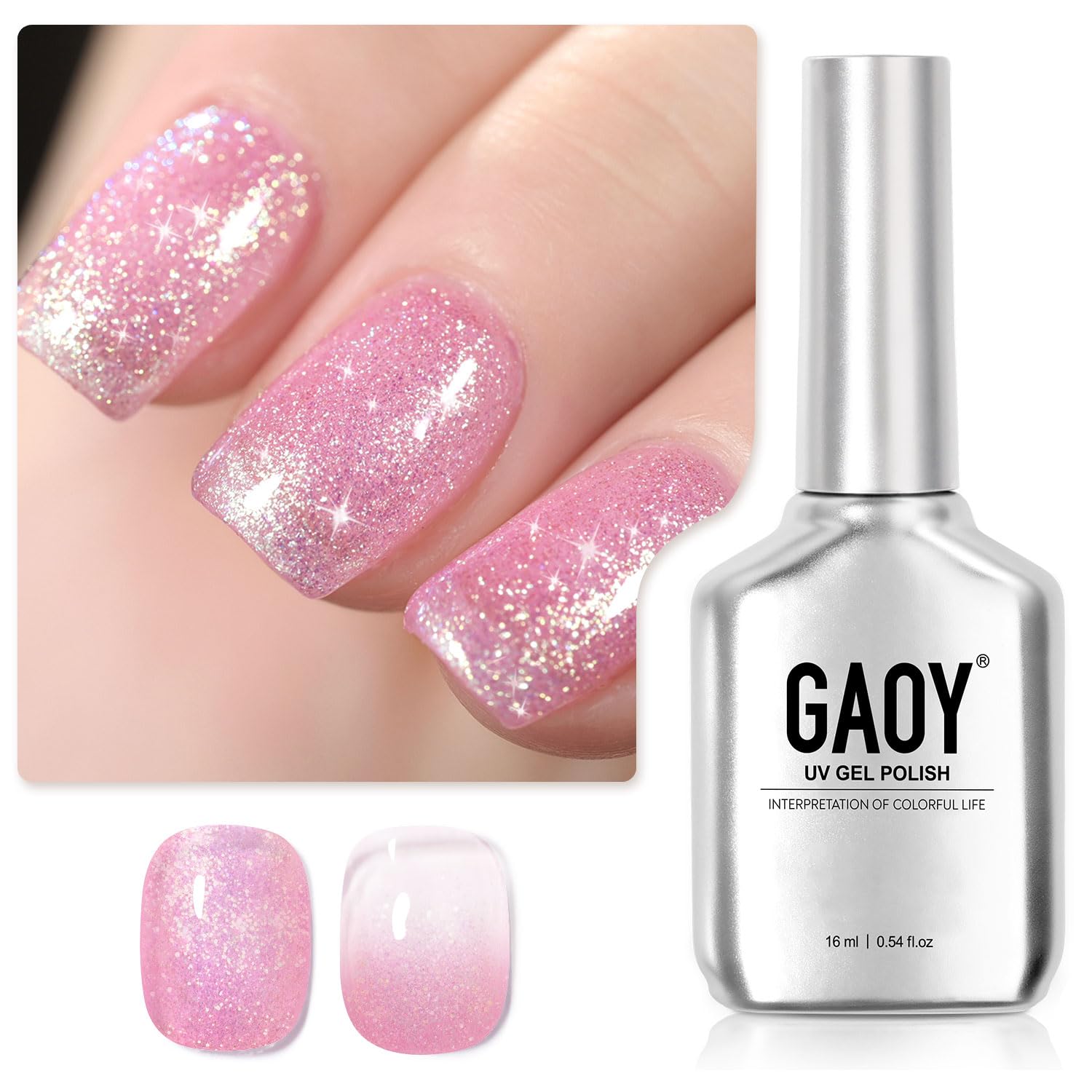 GAOY Shimmer Gel Nail Polish, 16ml Translucent Jelly Glitter Gel Polish, Soak Off UV Gel for Nail Art DIY at Home, 1614 Jelly Pink