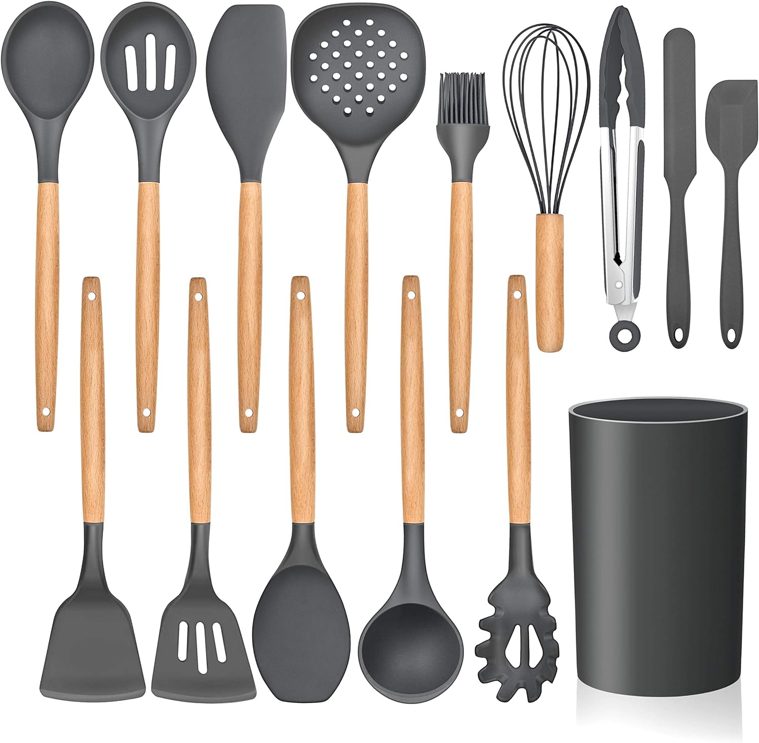 LIANYU 15-Piece Kitchen Silicone Cooking Utensils Set with Holder, Wooden Handle Kitchen Tools Include Spatula Tong Slotted Spoon Turner Whisk Brush, Black Gray