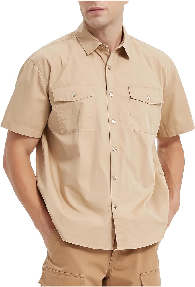 Tronjori Men's Short Sleeve Button Down Casual Woven Shirt Two Chest Pockets