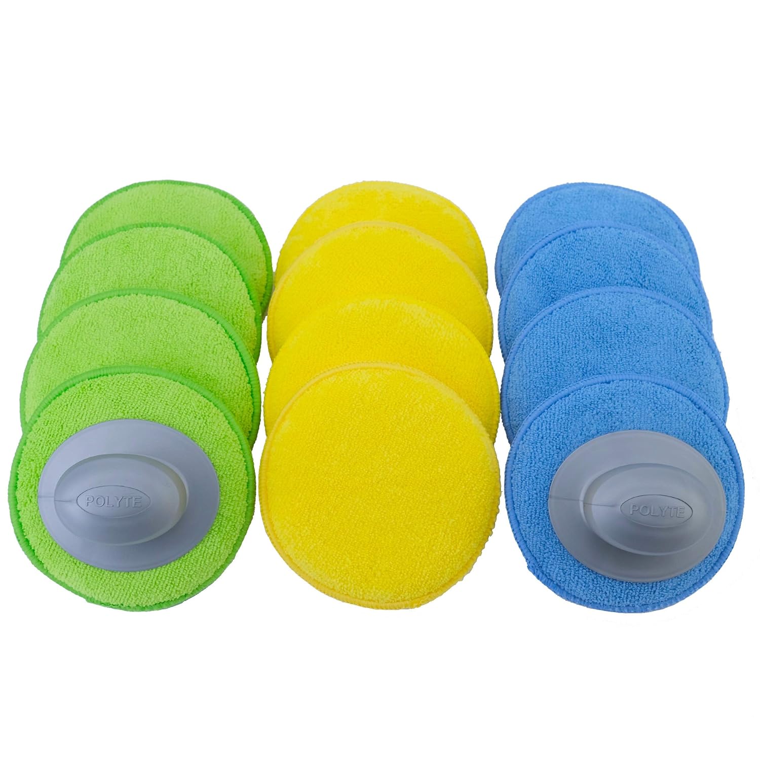 Polyte Microfiber Detailing Wax Applicator Pad w/2 Handles, 5 in, 12 Pack (Multi-Blue,Green,Yellow)