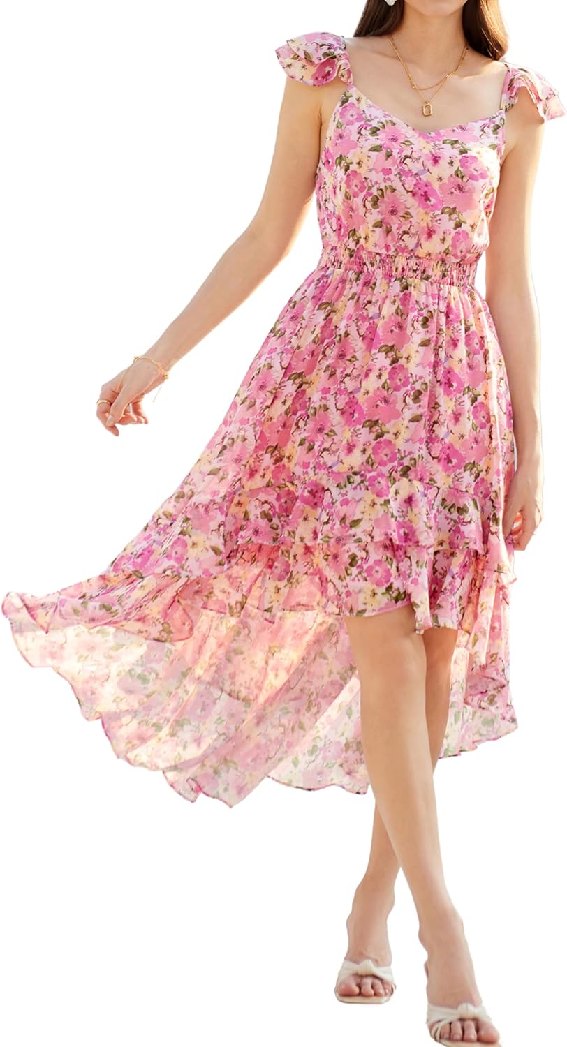 GRACE KARIN Women' Floral Dress 2024 Summer Sleeveless V Neck High Low Hem Tiered Ruffle Flowy Midi Sundresse