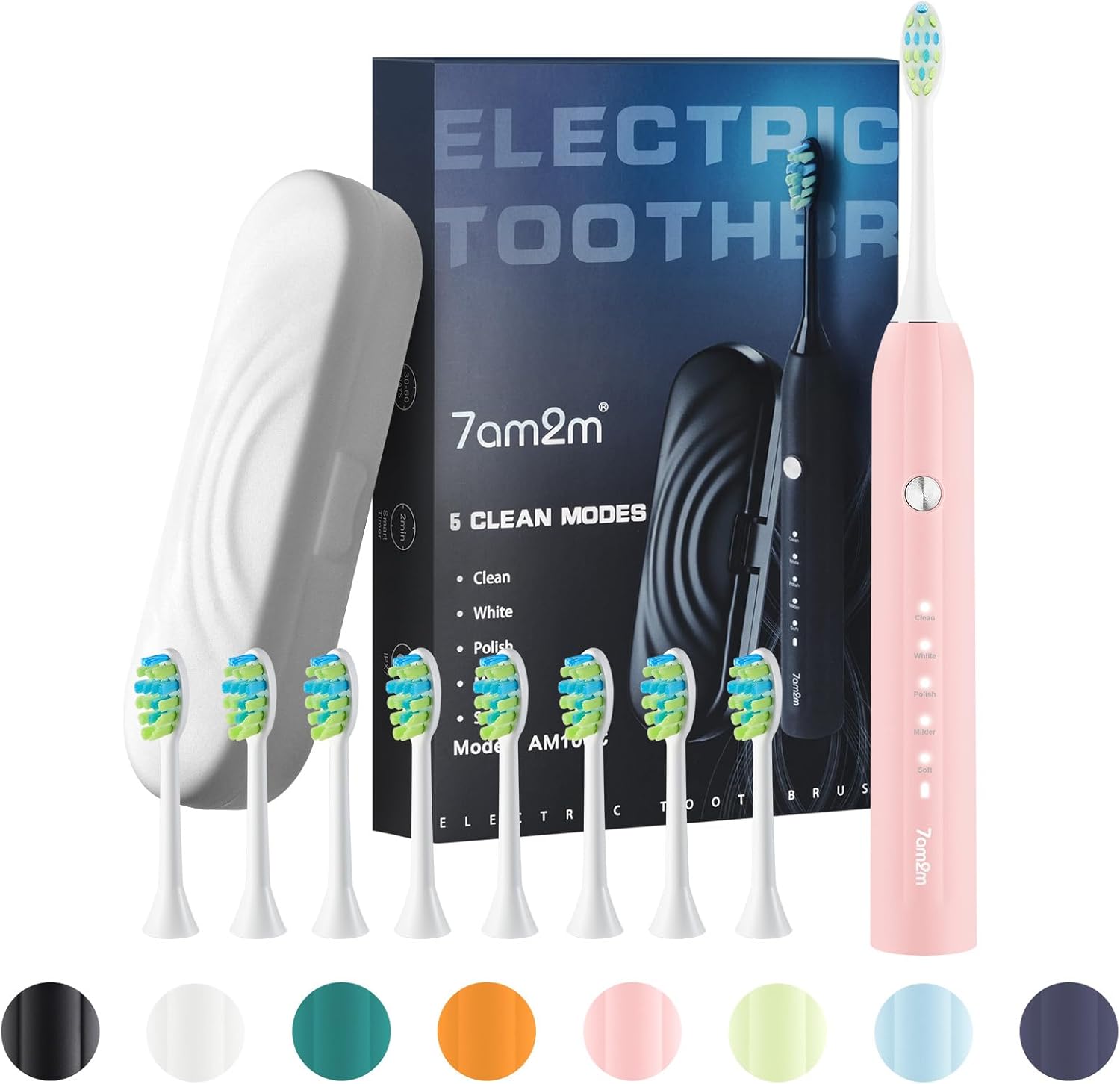 7AM2M Sonic Electric Toothbrush for Adults and Kids, with 8 Brush Heads and Travel Case,5 Modes with 2 Minutes Build in Smart Timer, One Charge Use for 90 Days, Rechargeable Toothbrushes(Pink)