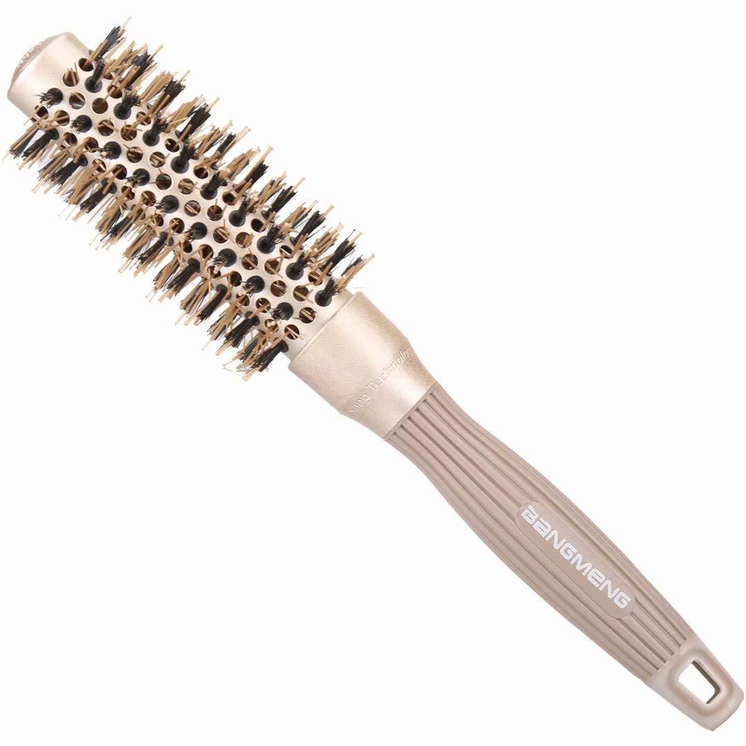 Round Brush with Boar Bristles, Round Barrel Brush for Blow Drying, Nano Thermal Ceramic Ionic Tech, For Straightening & Drying (1 inch Barrel, 2.25 inch with Bristles) Gold