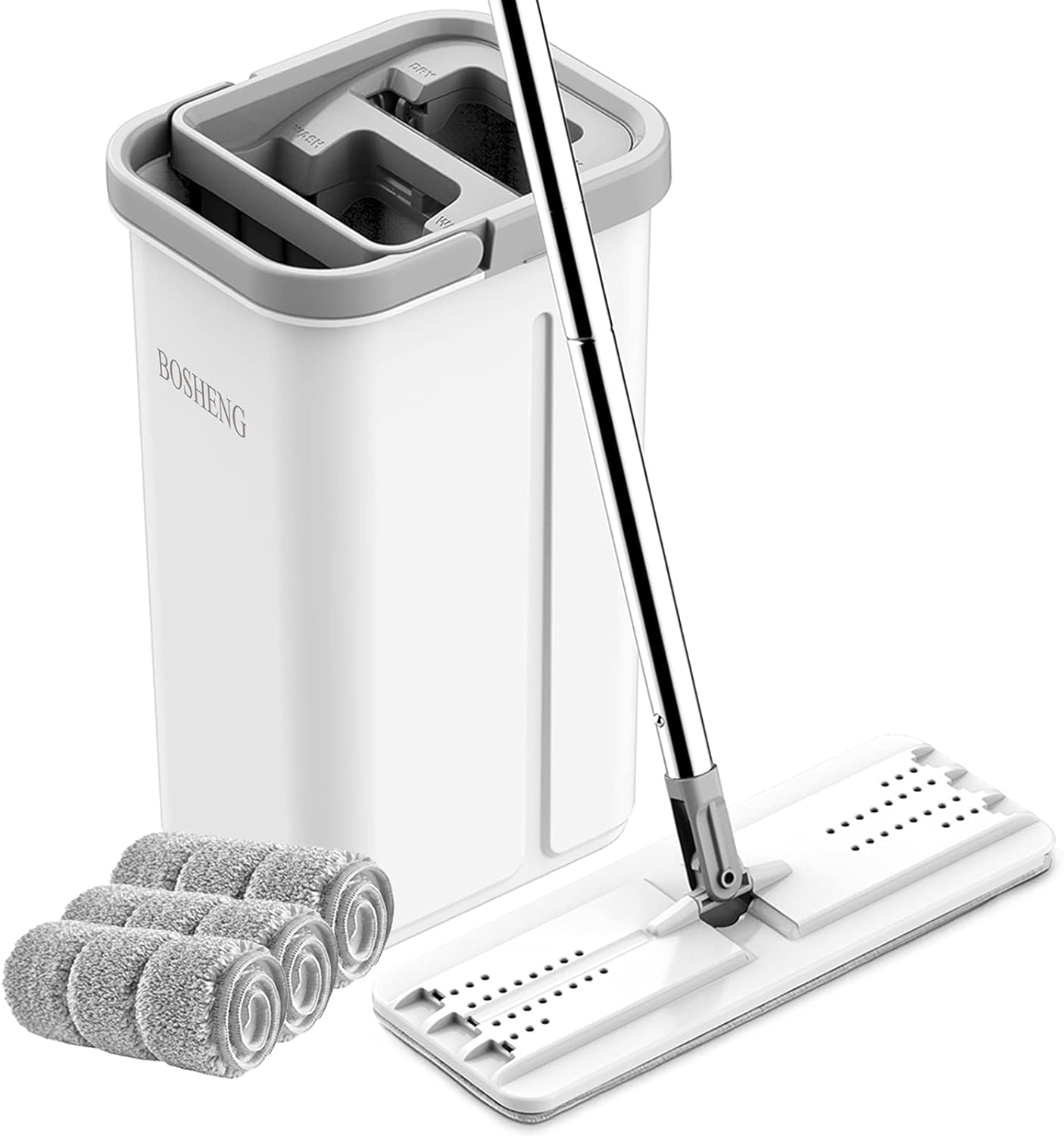 Mop and Bucket with Wringer Set, Hands Free Flat Floor Mop and Bucket, 3 Washable Microfiber Pads Included, Wet and Dry Use, Home Floor Cleaning System for All Floor Types and Windows