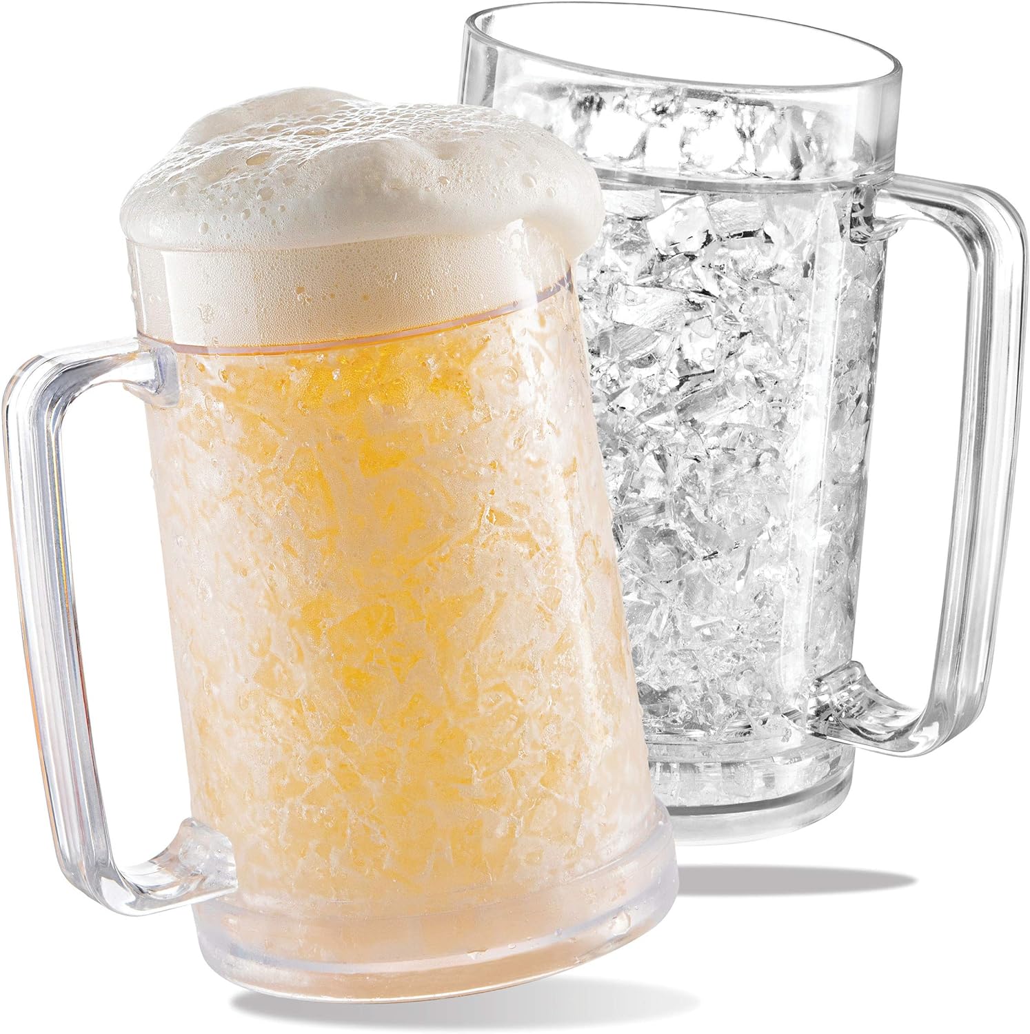 Freezer Beer Mugs, Double Wall, Insulated Gel Plastic Pint Freezable Glasses, 16 oz, Clear 2 pack, Chiller Frosty Cup, Frozen Ice Freezer Mug, Freezer Cups.