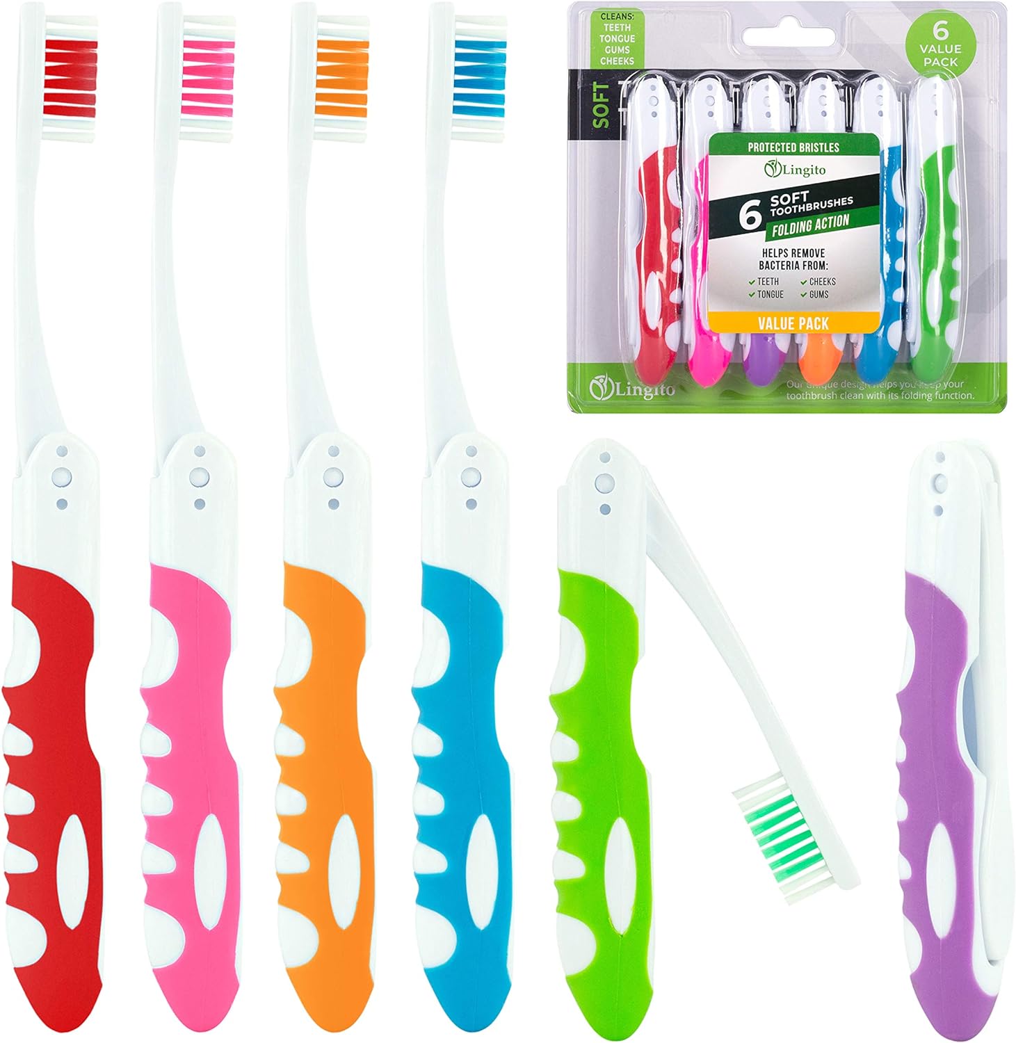 Travel Toothbrush, Portable Toothbrush Built in Cover, Travel Size Toothbrush Hiking, Camping, Traveling, Folding Toothbrushes, Collapsible Multi Color Travel Toothbrush Kit (6 Pack Soft-Multicolor)