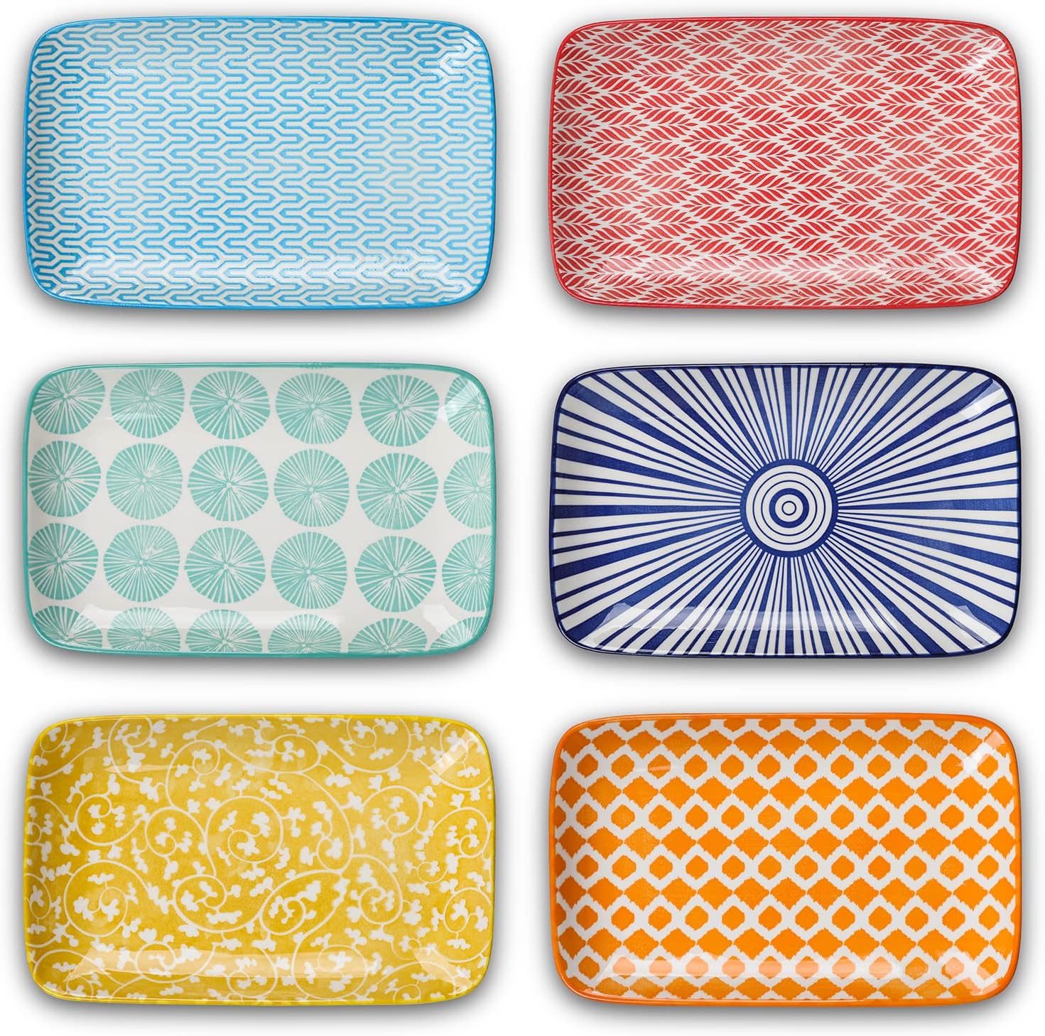 Selamica Ceramic 8 inch Rectangular Salad Plates, Dinner Plates, Pasta Dessert Plates Serving Trays for Appetizer, Sushi, Fruit - Microwave/oven/Dishwasher Safe, Set of 6, Assorted Colors